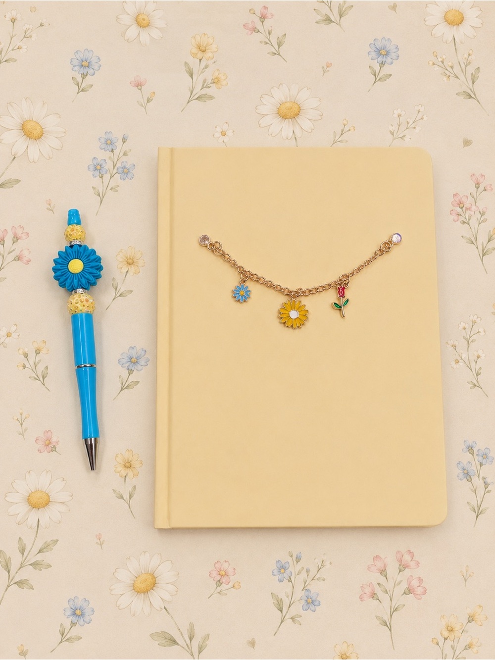 Handmade Daisy beaded pen with a hardcover matching notebook